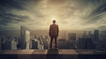 Businessman standing on the top of building with city background.Business goal and vision concept.Generative AI. AI generatived.の素材