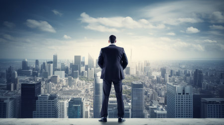 Businessman standing on the top of building with city background.Business goal and vision concept.Generative AI. AI generatived.の素材