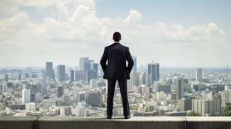 Businessman standing on the top of building with city background.Business goal and vision concept.Generative AI. AI generatived.の素材