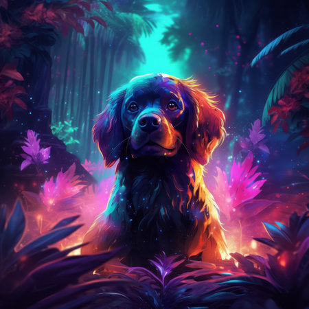 Dog in the wild with neon glow light.futuristic and cyberpunk style.Generative aiの素材