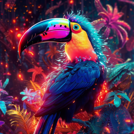 Hornbill bird in the wild with neon glow light.futuristic and cyberpunk style.Generative aiの素材