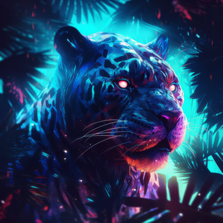 Cheetah in the wild with neon glow light.futuristic and cyberpunk style.Generative aiの素材