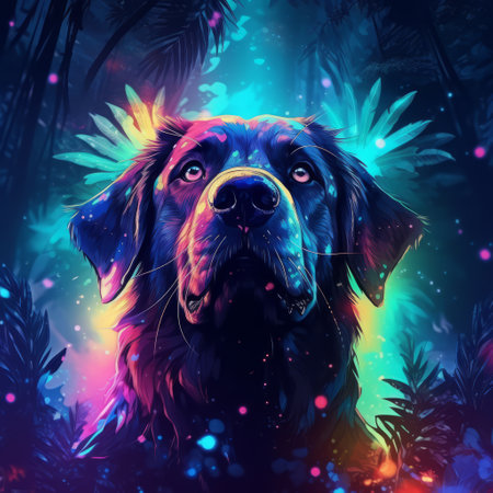 Dog in the wild with neon glow light.futuristic and cyberpunk style.Generative aiの素材
