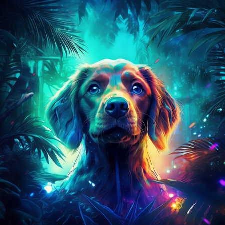 Dog in the wild with neon glow light.futuristic and cyberpunk style.Generative aiの素材