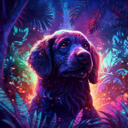Dog in the wild with neon glow light.futuristic and cyberpunk style.Generative aiの素材