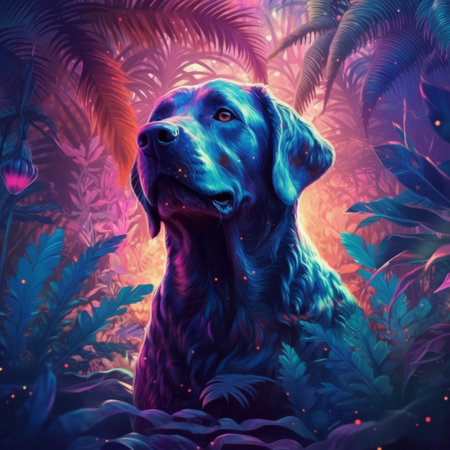 Dog in the wild with neon glow light.futuristic and cyberpunk style.Generative aiの素材