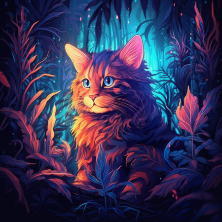 Cat in the wild with neon glow light.futuristic and cyberpunk style.Generative aiの素材