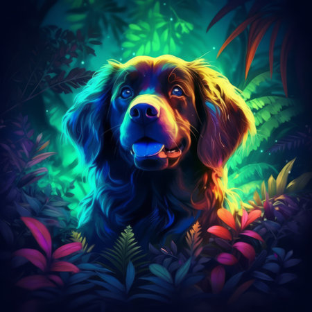 Dog in the wild with neon glow light.futuristic and cyberpunk style.Generative aiの素材