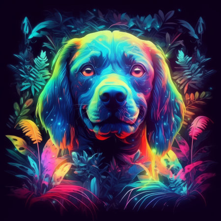 Dog in the wild with neon glow light.futuristic and cyberpunk style.Generative aiの素材