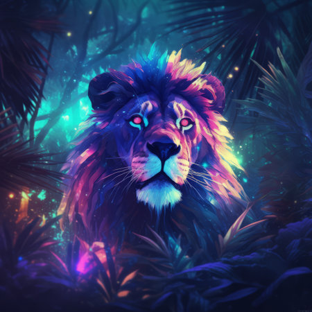 Liom in the wild with neon glow light.futuristic and cyberpunk style.Generative aiの素材