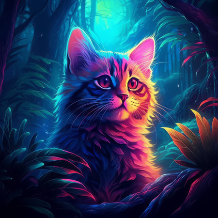 Cat in the wild with neon glow light.futuristic and cyberpunk style.Generative aiの素材