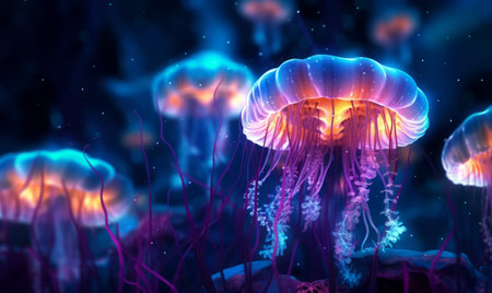 jellyfish in the sea with neon glow light.futuristic and cyberpunk style.Generative aiの素材