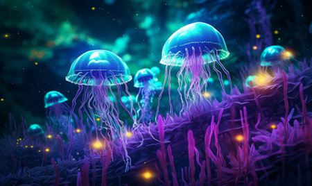 jellyfish in the sea with neon glow light.futuristic and cyberpunk style.Generative aiの素材
