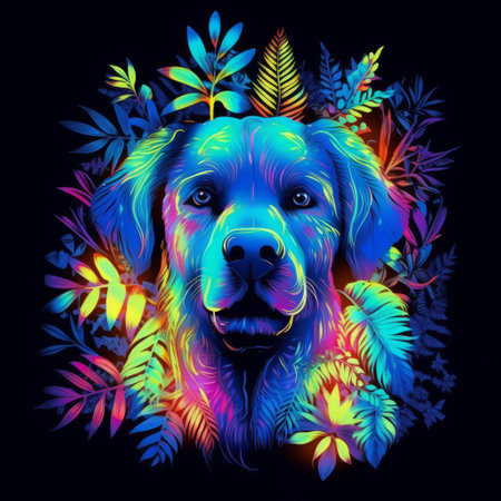 Dog in the wild with neon glow light.futuristic and cyberpunk style.Generative aiの素材