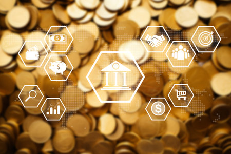 Banking and financial icons with blur coins background. Business finance and digital banking  concept.の写真素材