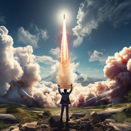 Businessman with rocket flying to the sky. start up, leadership  and business goal success concept.の素材