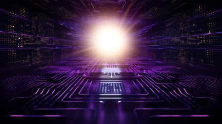 Closed up of CPU on the circuit board with purple lighting. Technology, innovation and future concept.AI generated, Generative AIの素材