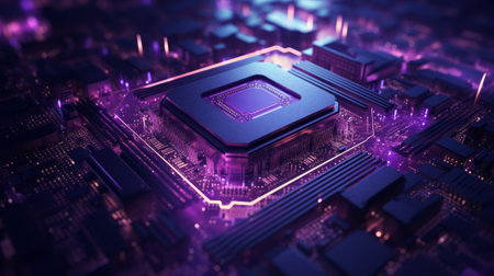 Closed up of CPU on the circuit board with purple lighting. Technology, innovation and future concept.AI generated, Generative AIの素材