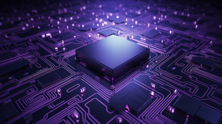 Closed up of CPU on the circuit board with purple lighting. Technology, innovation and future concept.AI generated, Generative AIの素材