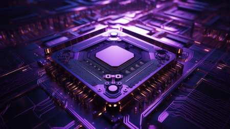 Closed up of CPU on the circuit board with purple lighting. Technology, innovation and future concept.AI generated, Generative AIの素材