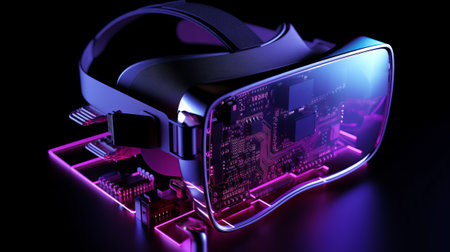 Closed up of VR and CPU circuit board with purple lighting. Technology, innovation and future concept.AI generated, Generative AIの素材