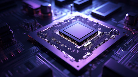 Closed up of CPU on the circuit board with purple lighting. Technology, innovation and future concept.AI generated, Generative AIの素材