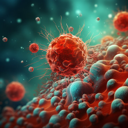 Microsopic of red virus bacteria attack blood cells .medical and science research concept.generative aiの素材