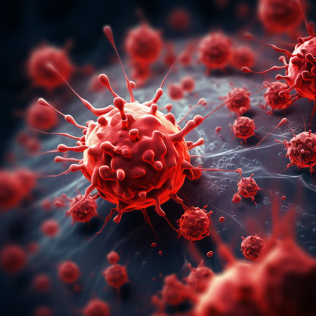 Microsopic of red virus bacteria attack blood cells .medical and science research concept.generative aiの素材