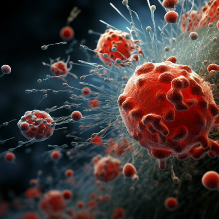 Microsopic of red virus bacteria attack blood cells .medical and science research concept.generative aiの素材