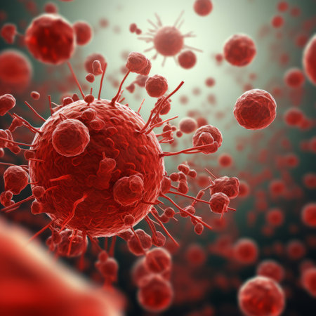 Microsopic of red virus bacteria attack blood cells .medical and science research concept.generative aiの素材