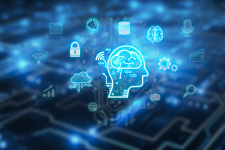 Digital screen of AI icon artificial intelligence.big data, science, innovation technology, cloud computing, futuristic, internet network communication conceptの写真素材