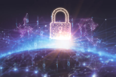 Padlock icon with blur earth with digital network connection background. Data Security system concept, Cyber security, innovation technology, cloud computing, internet network communicationの写真素材