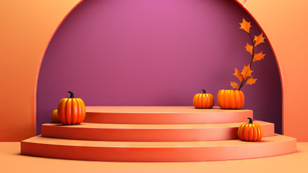 3D stage podium for Halloween with pumpkins,bats and minimal geometric shape.Halloween color tone.3D render for product showcase and promotion.の素材