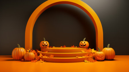 3D stage podium for Halloween with pumpkins,bats and minimal geometric shape.Halloween color tone.3D render for product showcase and promotion.の素材