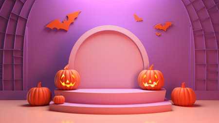 3D stage podium for Halloween with pumpkins,bats and minimal geometric shape.Halloween color tone.3D render for product showcase and promotion.の素材
