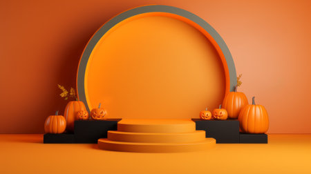 3D stage podium for Halloween with pumpkins,bats and minimal geometric shape.Halloween color tone.3D render for product showcase and promotion.の素材
