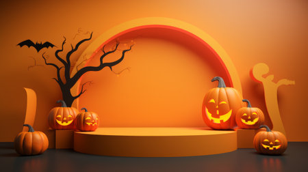 3D stage podium for Halloween with pumpkins,bats and minimal geometric shape.Halloween color tone.3D render for product showcase and promotion.の素材