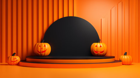 3D stage podium for Halloween with pumpkins,bats and minimal geometric shape.Halloween color tone.3D render for product showcase and promotion.の素材