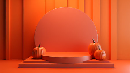 3D stage podium for Halloween with pumpkins,bats and minimal geometric shape.Halloween color tone.3D render for product showcase and promotion.の素材