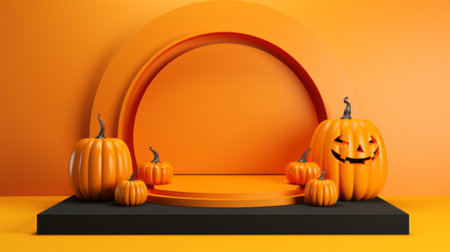 3D stage podium for Halloween with pumpkins,bats and minimal geometric shape.Halloween color tone.3D render for product showcase and promotion.の素材