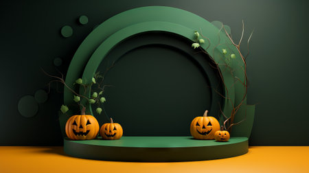 3D stage podium for Halloween with pumpkins,bats and minimal geometric shape.Halloween color tone.3D render for product showcase and promotion.の素材