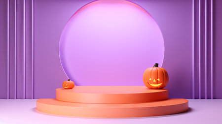 3D stage podium for Halloween with pumpkins,bats and minimal geometric shape.Halloween color tone.3D render for product showcase and promotion.の素材