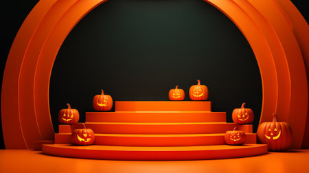 3D stage podium for Halloween with pumpkins,bats and minimal geometric shape.Halloween color tone.3D render for product showcase and promotion.の素材