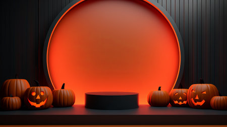 3D stage podium for Halloween with pumpkins,bats and minimal geometric shape.Halloween color tone.3D render for product showcase and promotion.の素材