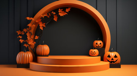 3D stage podium for Halloween with pumpkins,bats and minimal geometric shape.Halloween color tone.3D render for product showcase and promotion.の素材