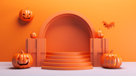 3D stage podium for Halloween with pumpkins,bats and minimal geometric shape.Halloween color tone.3D render for product showcase and promotion.の素材