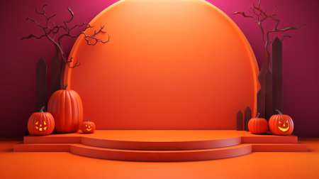 3D stage podium for Halloween with pumpkins,bats and minimal geometric shape.Halloween color tone.3D render for product showcase and promotion.の素材