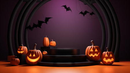 3D stage podium for Halloween with pumpkins,bats and minimal geometric shape.Halloween color tone.3D render for product showcase and promotion.の素材