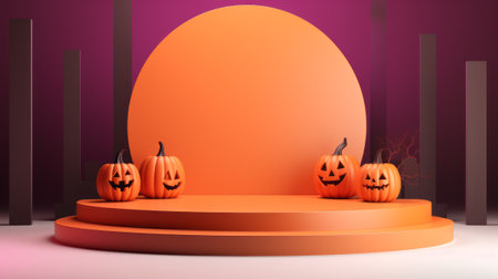 3D stage podium for Halloween with pumpkins,bats and minimal geometric shape.Halloween color tone.3D render for product showcase and promotion.の素材