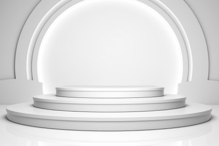 3D stage podium with minimal geometric shape.White color tone.3D render for product showcase,promotion and cosmetic product.の素材